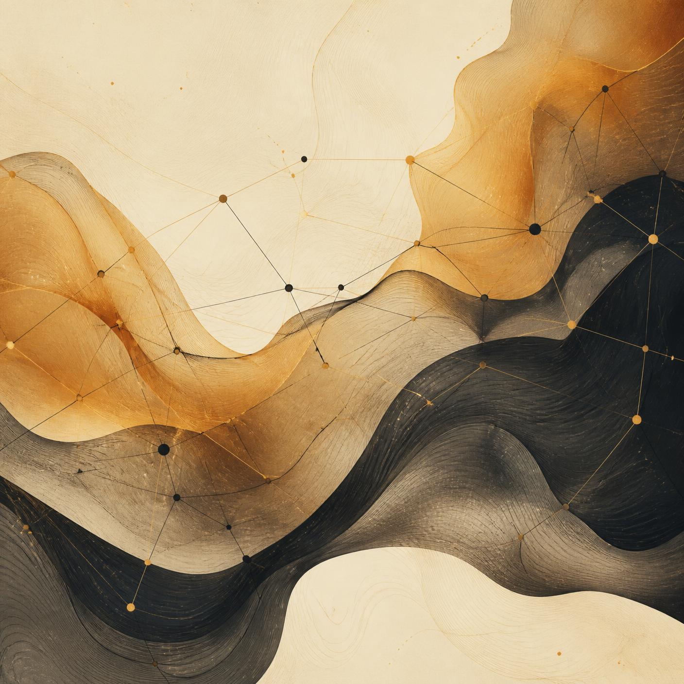 Abstract composition of connected nodes and flowing amber forms representing digital growth